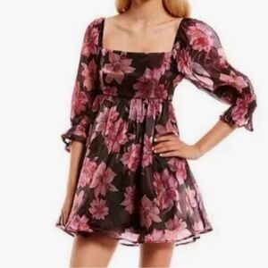 Thirty Thirty LA Pink Floral Organza Babydoll Puff Sleeve Dress - Large